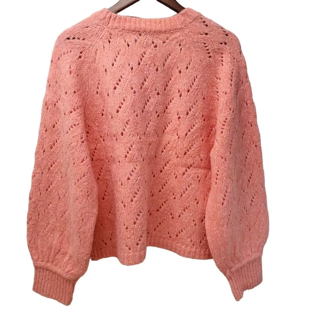 J. CREW Pointelle Crewneck Wool Blend Sweater XL Coral Balloon Sleeve Cozy Knit